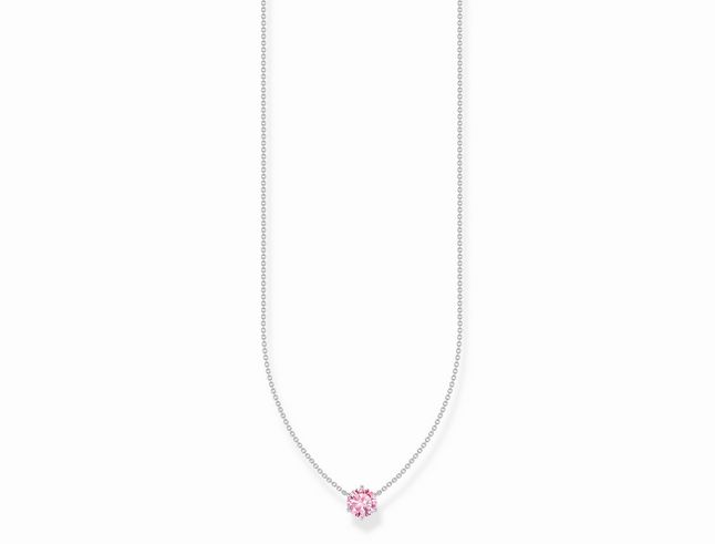 Silberne Kette von Thomas Sabo mit einem großen rosa Zirkonia Anhänger, variabel in der Länge von 40 bis 45 cm, passend für elegante und modische Looks.