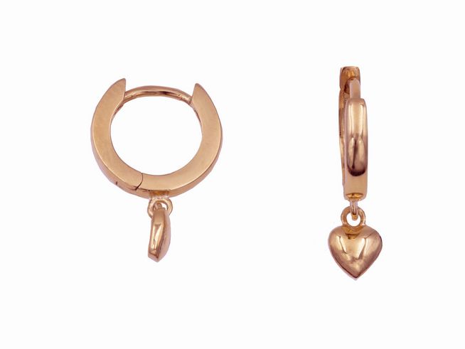 Creolen 1 cm aus Sterling Silber, roségold vergoldet, mit Hängehänger in Herzform, Hersteller Juwelier Harnisch, elegantes und zeitloses Design.