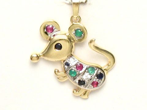 Maus Anhänger aus Gold 585 mit Saphir, Rubin und Smaragd, Hersteller Juwelier Harnisch, verziert mit Zirkonia, niedliches Design in bunte Farben.