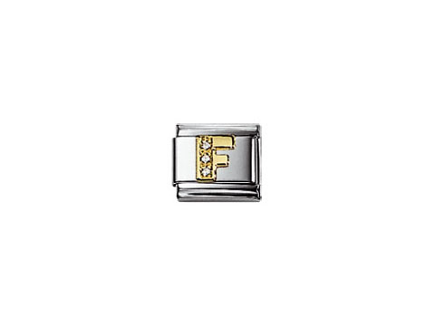 Zirkonia Charm von Nomination mit dem Buchstaben F in klassischem Design, silberne und goldene Elemente, ideal für personalisierte Armbänder.