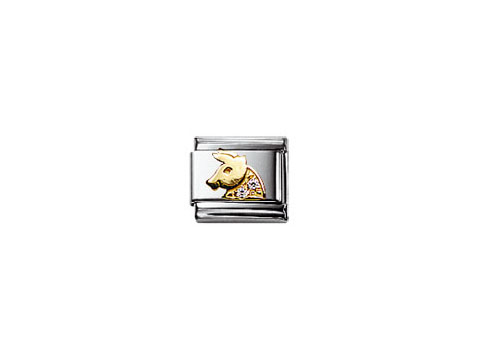 Zirkonia Stier 030302 02 von Nomination zeigt einen stilisierten Stierkopf in Gold und Zirkonia auf einem silbernen Hintergrund, ideal für Armbänder und Schmuckliebhaber.