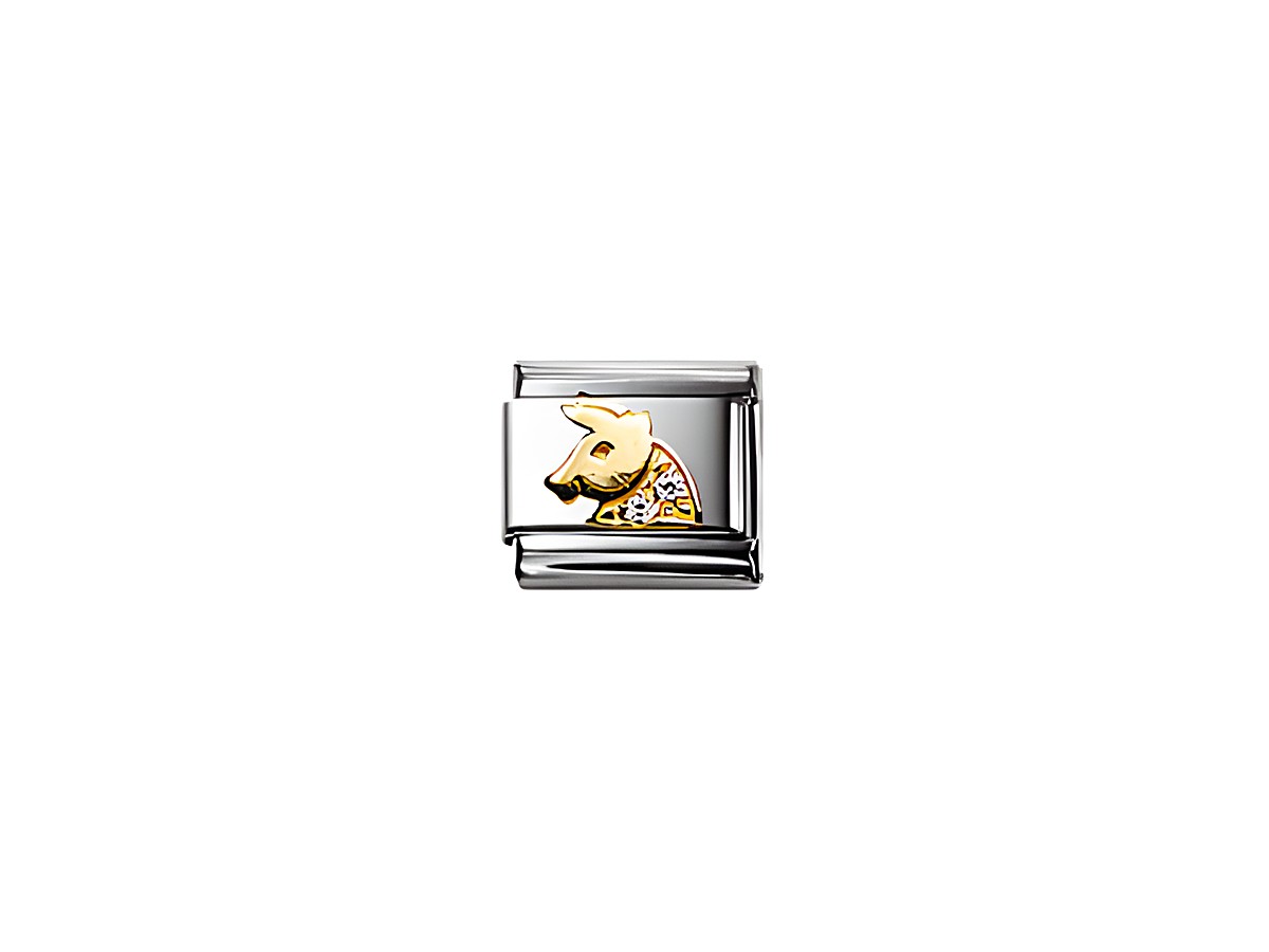 Zirkonia Stier 030302 02 von Nomination zeigt einen stilisierten Stierkopf in Gold und Zirkonia auf einem silbernen Hintergrund, ideal für Armbänder und Schmuckliebhaber.