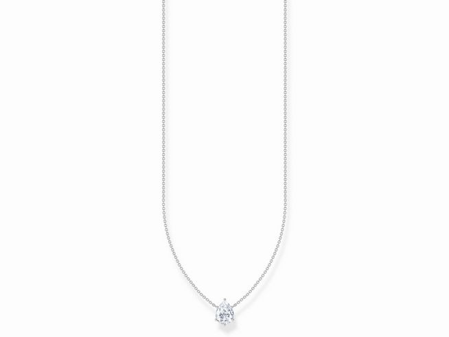 Silberne Kette von Thomas Sabo mit einem großen, tropfenförmigen Zirkonia-Anhänger in Weiß, längenverstellbar von 40 bis 45 cm, elegantes Design für jeden Anlass.