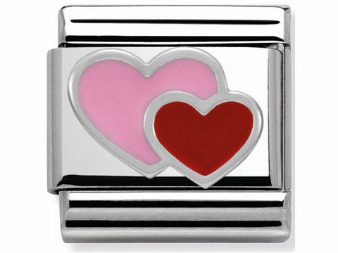 Doppelherz aus hochwertigem Edelstahl mit einem großen und einem kleinen Herzmotiv in Rosa und Rot, ideal als Schmuckstück von Nomination im Classic-Stil.