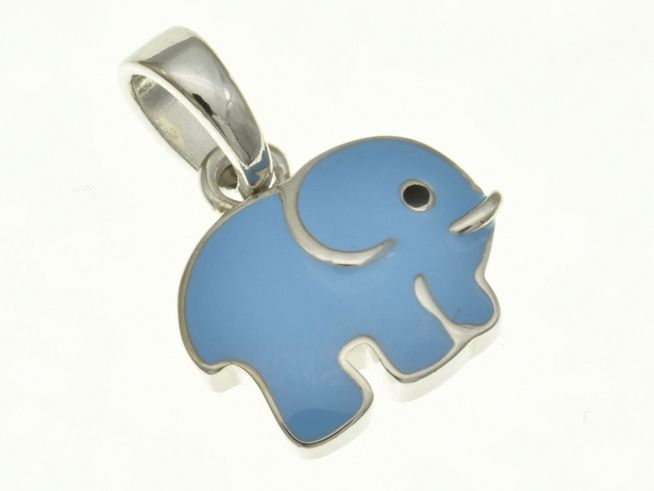 Elefant Anhänger aus rhodiniertem Sterling Silber mit blauer Lackoberfläche, ideal für Kinder, von Juwelier Harnisch. Ein niedliches Schmuckstück.