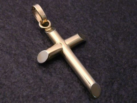 Bicolor Goldkreuz Anhänger aus Gold 585 vollplastisch, Hersteller Juwelier Harnisch, edles Design mit runden und glatten Flächen, ideal als elegantes Schmuckstück.