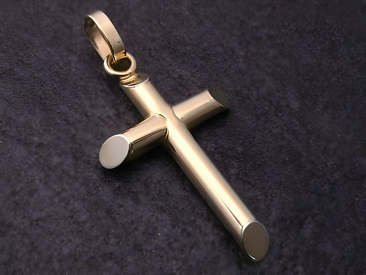 Bicolor Goldkreuz Anhänger aus Gold 585 vollplastisch, Hersteller Juwelier Harnisch, edles Design mit runden und glatten Flächen, ideal als elegantes Schmuckstück.