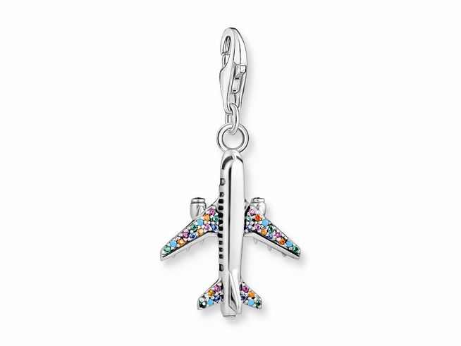 Charm-Anhänger in Form eines Flugzeugs aus Silber mit bunten Zirkonia-Steinen und synthetischem Korund, ideal für persönliche Schmuckstücke von Thomas Sabo.