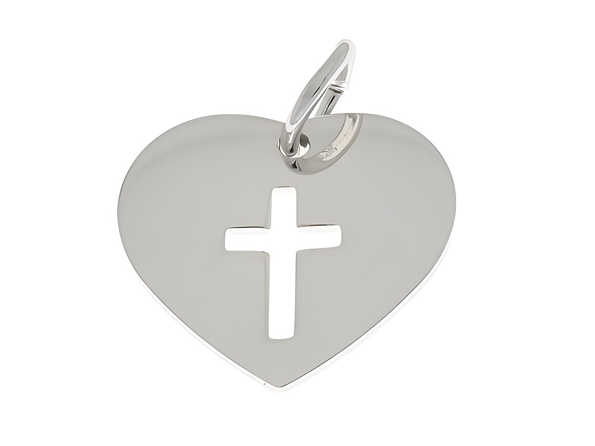 Silberne rhodinierte Anhänger in Herzform mit einem ausgestanzten Kreuz, schlichtes und religiöses Design, hergestellt von Juwelier Harnisch.