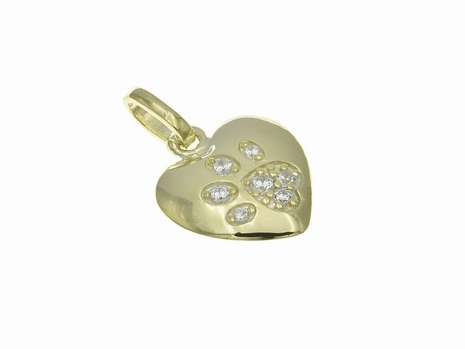 Herzförmiger Anhänger aus poliertem vergoldetem Sterling Silber mit Pfotenmotiv und Zirkonia, hergestellt von Juwelier Harnisch, Perlen & Steine.
