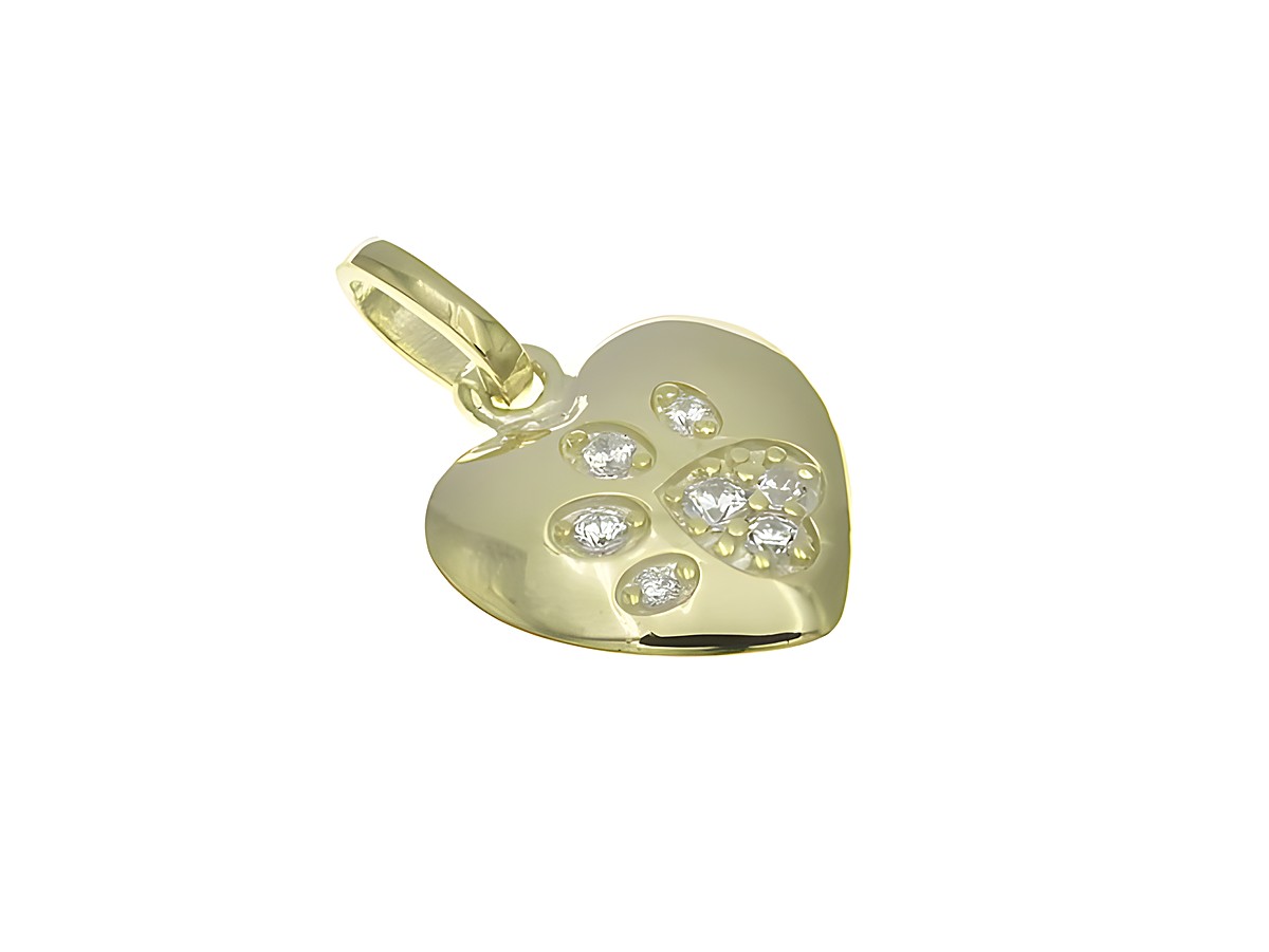 Herzförmiger Anhänger aus poliertem vergoldetem Sterling Silber mit Pfotenmotiv und Zirkonia, hergestellt von Juwelier Harnisch, Perlen & Steine.