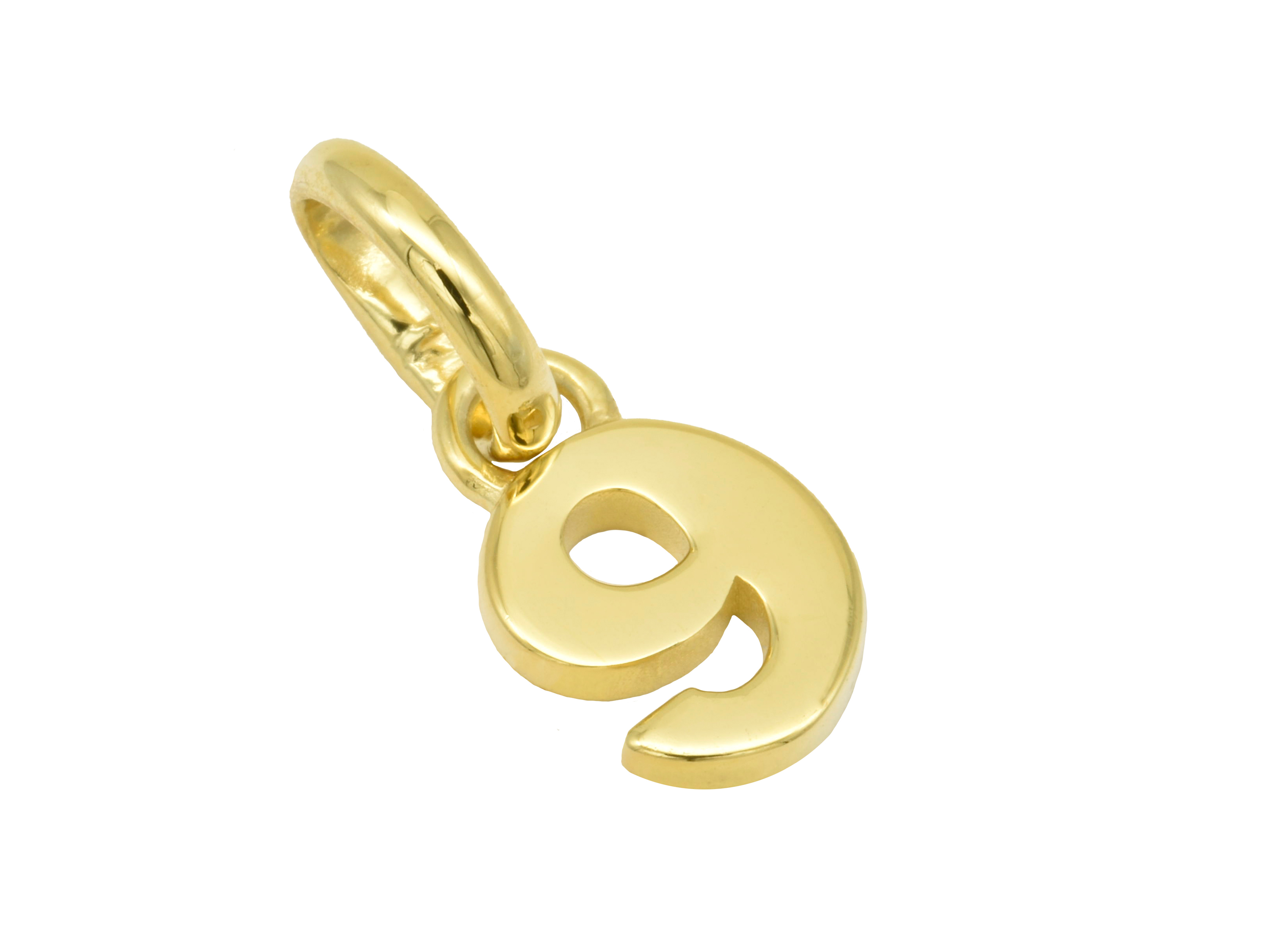 Gold Anhänger in Form der Zahl 9, gefertigt aus poliertem Gelbgold. Dieser Glückszahlen-Anhänger verbindet elegantes Design mit symbolischer Bedeutung, Hersteller: Juwelier Harnisch.