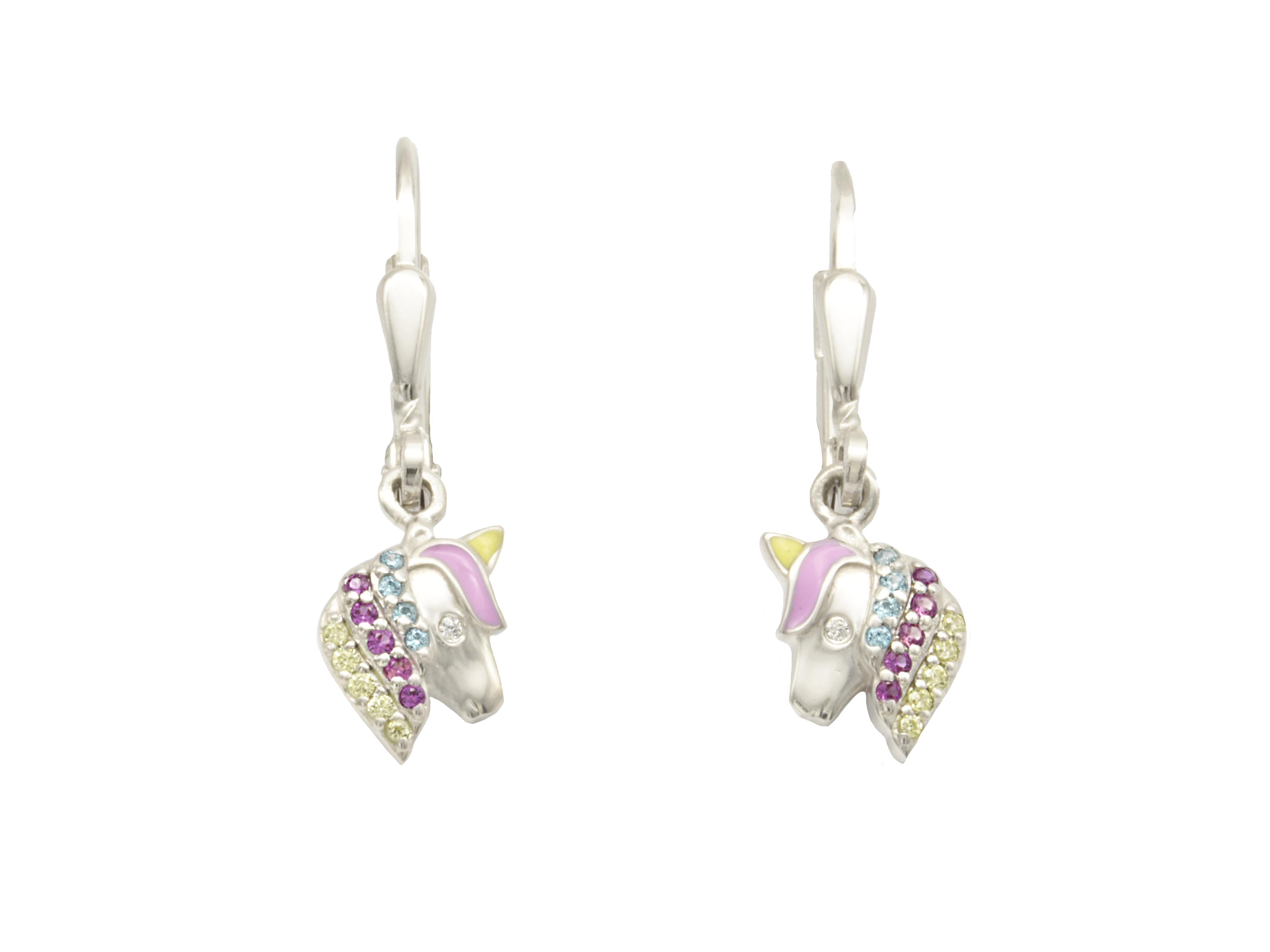 Ohrhänger in Form eines Einhornkopfes aus rhodiniertem Sterling Silber 925, verziert mit bunten Zirkonia und Lack, idealer Kinderschmuck von Juwelier Harnisch.
