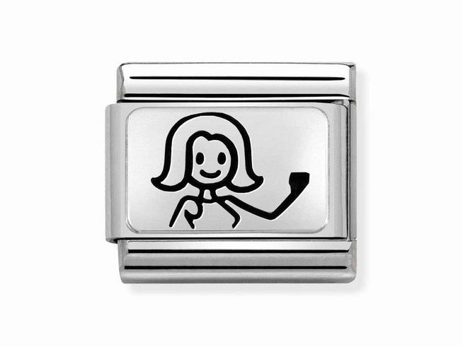 Silbernes Charm mit einer stilisierten Frauenfigur in schwarz-weiß, die fröhlich winkt, von Nomination Classic Sterling Silver oxid, Modell 330109 46, erhältlich bei SilverShine.