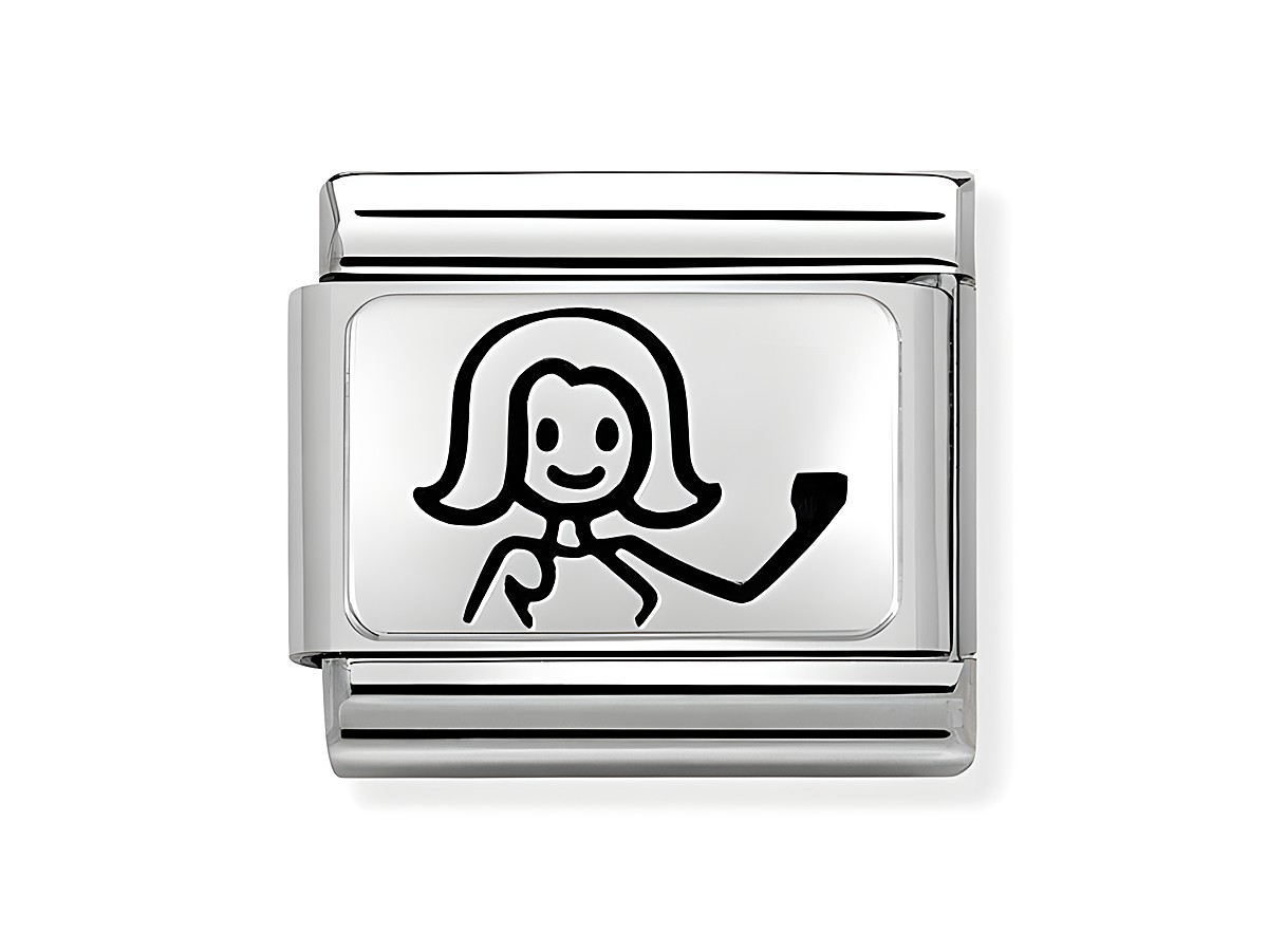 Silbernes Charm mit einer stilisierten Frauenfigur in schwarz-weiß, die fröhlich winkt, von Nomination Classic Sterling Silver oxid, Modell 330109 46, erhältlich bei SilverShine.
