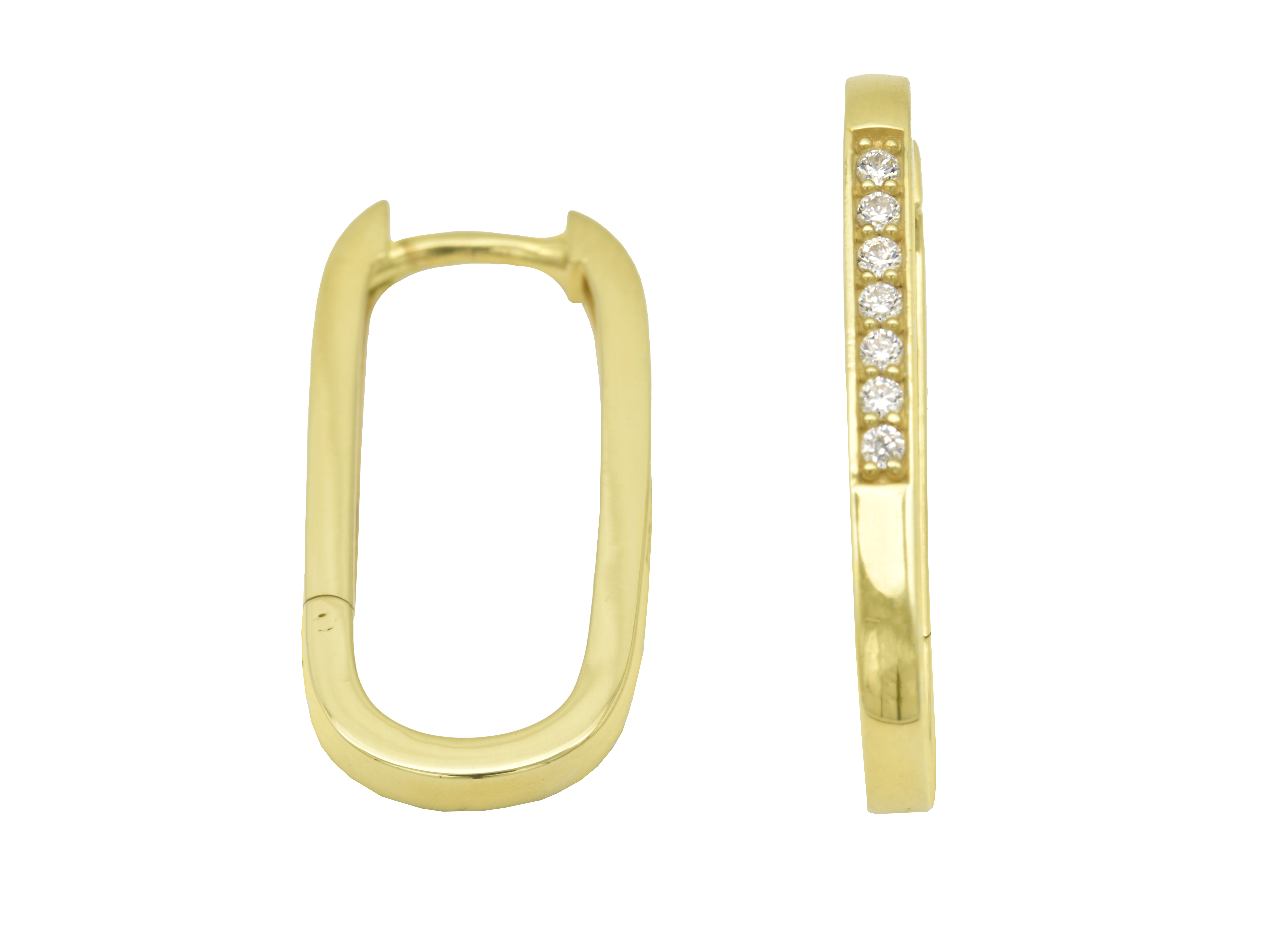 Ovalförmige Creolen Ohrringe aus poliertem Sterling Silber, gelbgoldvergoldet, mit weißen Zirkonia, Größe 2,3 cm, Hersteller Juwelier Harnisch. Ideal für jeden Anlass.