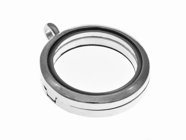 Medaillon Rund aus Glas mit Zinnrahmen, Hersteller Juwelier Harnisch, eleganter Fotoanhänger, ideal zum Tragen persönlicher Erinnerungen, schlichtes Design und hohe Qualität.