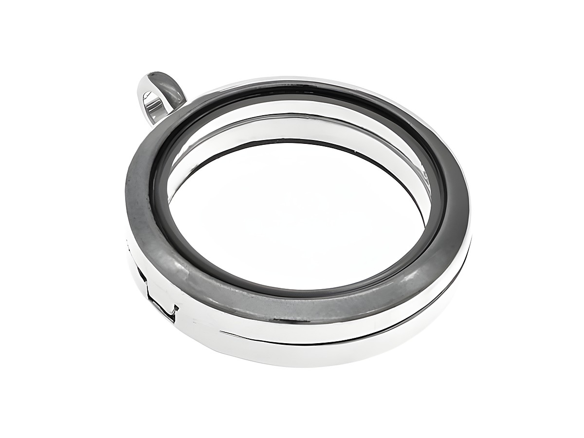 Medaillon Rund aus Glas mit Zinnrahmen, Hersteller Juwelier Harnisch, eleganter Fotoanhänger, ideal zum Tragen persönlicher Erinnerungen, schlichtes Design und hohe Qualität.