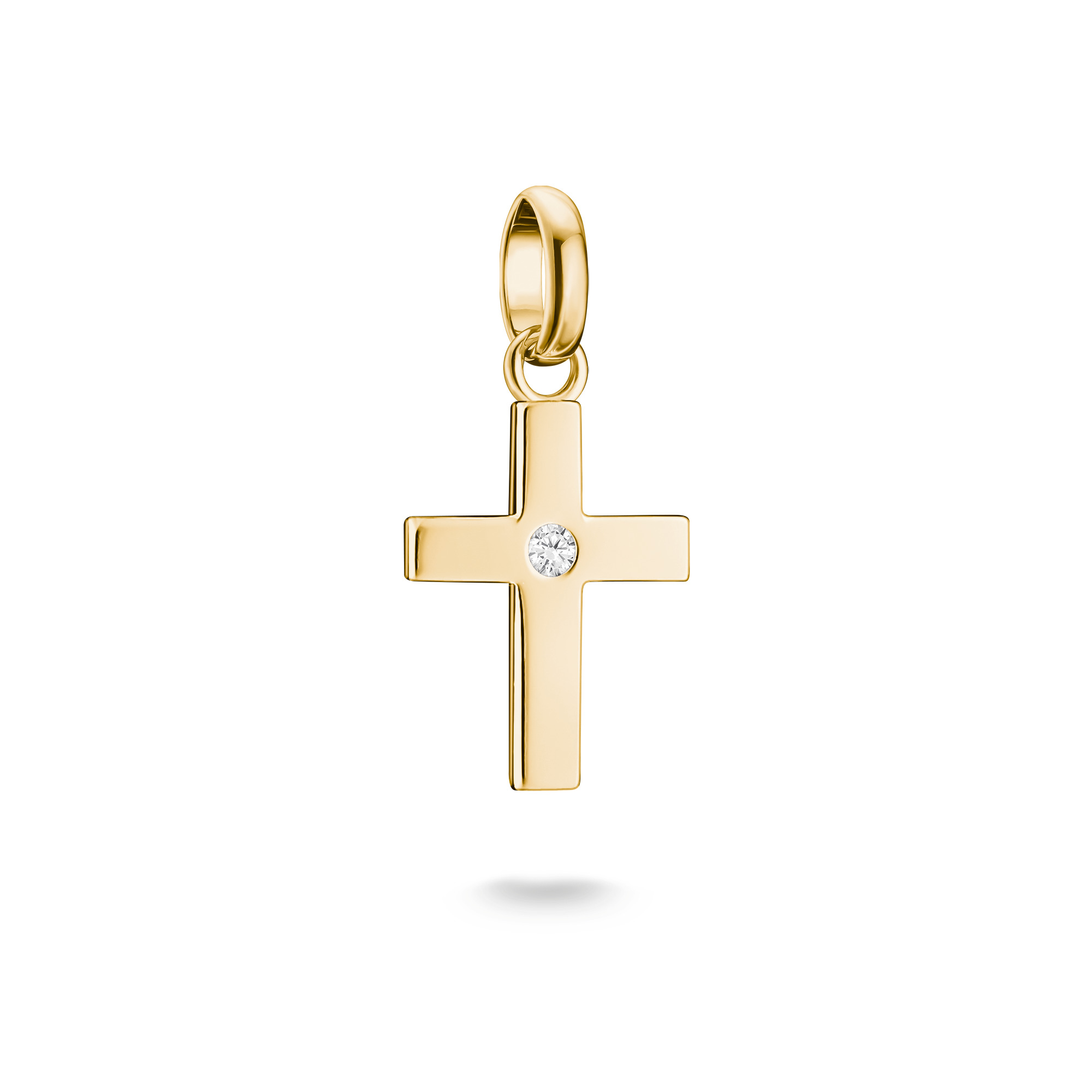 Charm im Design eines Kreuzes aus 18k Gelbgold Vergoldung, verziert mit einer Zirkonia. Stilvolles Accessoire mit Öse zum Anhängen, passend für zahlreiche Gelegenheiten.
