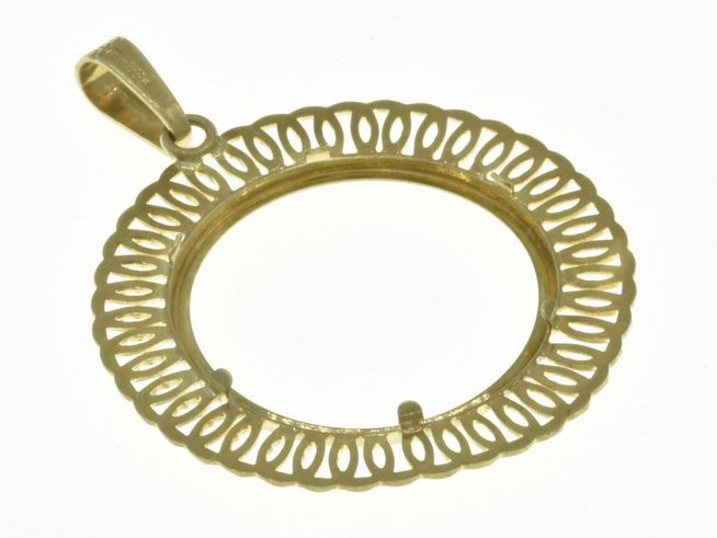 Münzfassung Anhänger aus 585 Gold, nostalgisches Design mit filigraner, dekorativer Blätterstruktur, maximaler Münzdurchmesser 22,7 mm, Hersteller Juwelier Harnisch, hochwertige Verarbeitung.