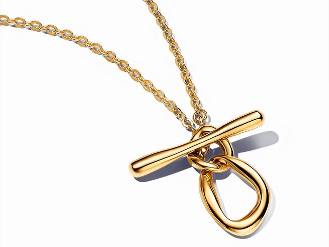 Organisch geformte Kreise Halskette von Pandora in gelbgold vergoldet mit T-Verschluss, 50 cm lang, elegantes Design, ideal für einen stilvollen Look, erlesenes Schmuckstück.