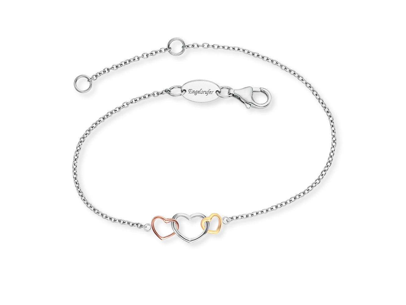 Engelsrufer Armband mit drei Herzen in Tricolor-Design aus Silber, Roségold und Gelbgold, verziert mit einer feinen Kette und einem sicheren Verschluss, Länge 17 cm.