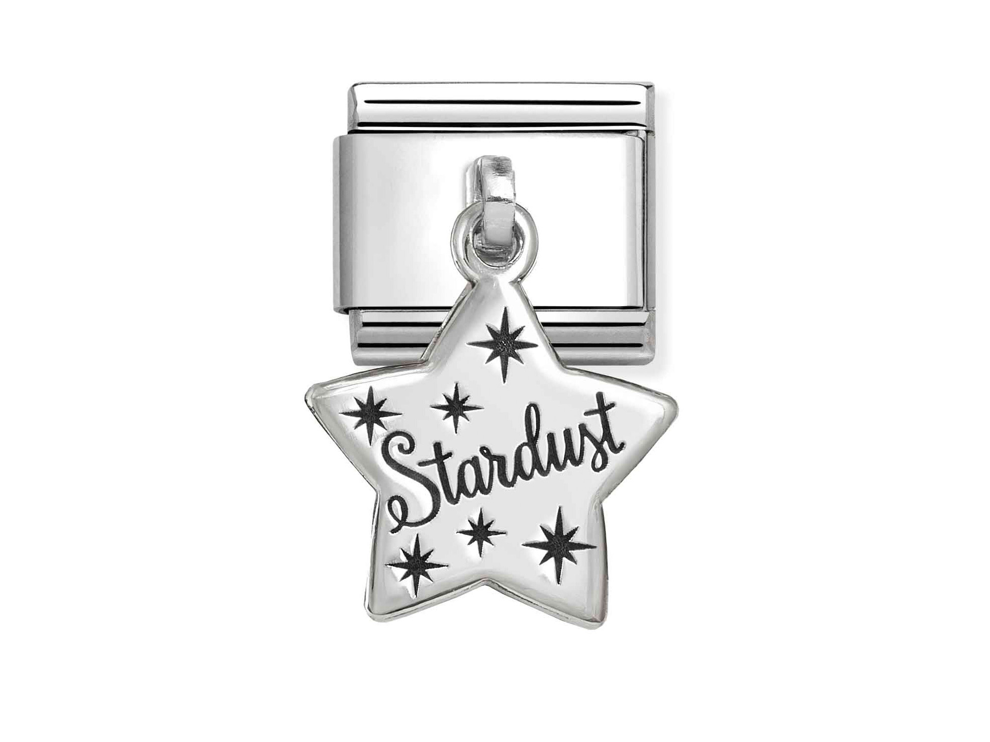 Ein Classic Sterling Silber Charm in Form eines Sterns mit dem Schriftzug Stardust und funkelnden Sternen, hergestellt von Pandora, neu und elegant für jedes Schmuckstück.