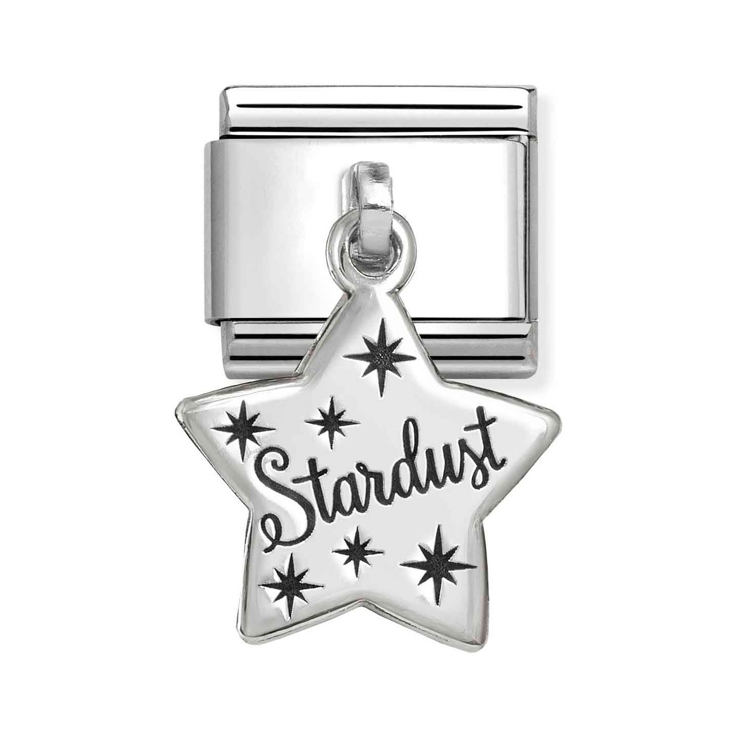 Ein Classic Sterling Silber Charm in Form eines Sterns mit dem Schriftzug Stardust und funkelnden Sternen, hergestellt von Pandora, neu und elegant für jedes Schmuckstück.