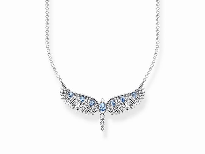 Kette aus geschwärztem Sterling Silber mit Anhänger in Form von Phönixflügeln, verziert mit synthetischem Spinell und Zirkonia in blauer Farbe.