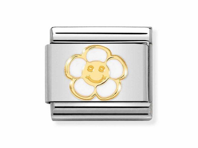 Ein Edelstahl-Armbandglied mit goldener Smile-Blume, emaillierte Blütenblätter und ein lächelndes Gesicht verleihen dem Schmuckstück eine fröhliche Ausstrahlung.