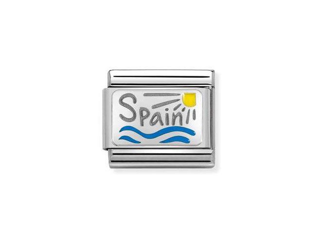 Edelstahlarmbandanhänger mit dem Motiv Spanien, bestehend aus feinem Sterling Silber und buntem Emaille, zeigt den Schriftzug Spain, Wellen und eine Sonne.