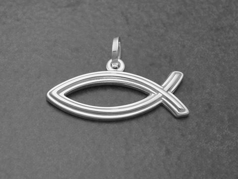 Christlicher Fisch Anhänger aus Sterling Silber mit klarer, filigraner Form. Hergestellt von Juwelier Harnisch, perfekt geeignet für religiöse Anlässe oder als persönliches Geschenk.