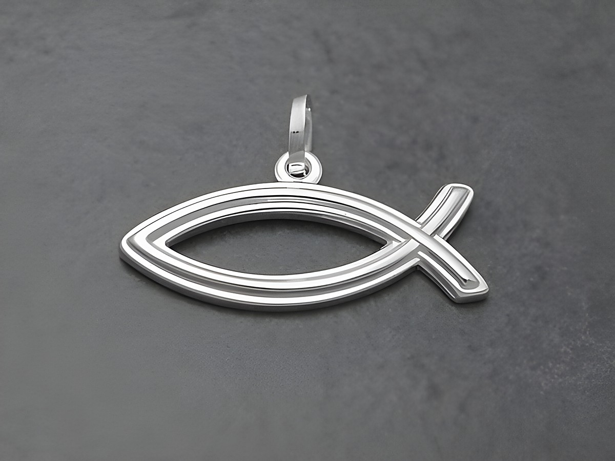 Christlicher Fisch Anhänger aus Sterling Silber mit klarer, filigraner Form. Hergestellt von Juwelier Harnisch, perfekt geeignet für religiöse Anlässe oder als persönliches Geschenk.