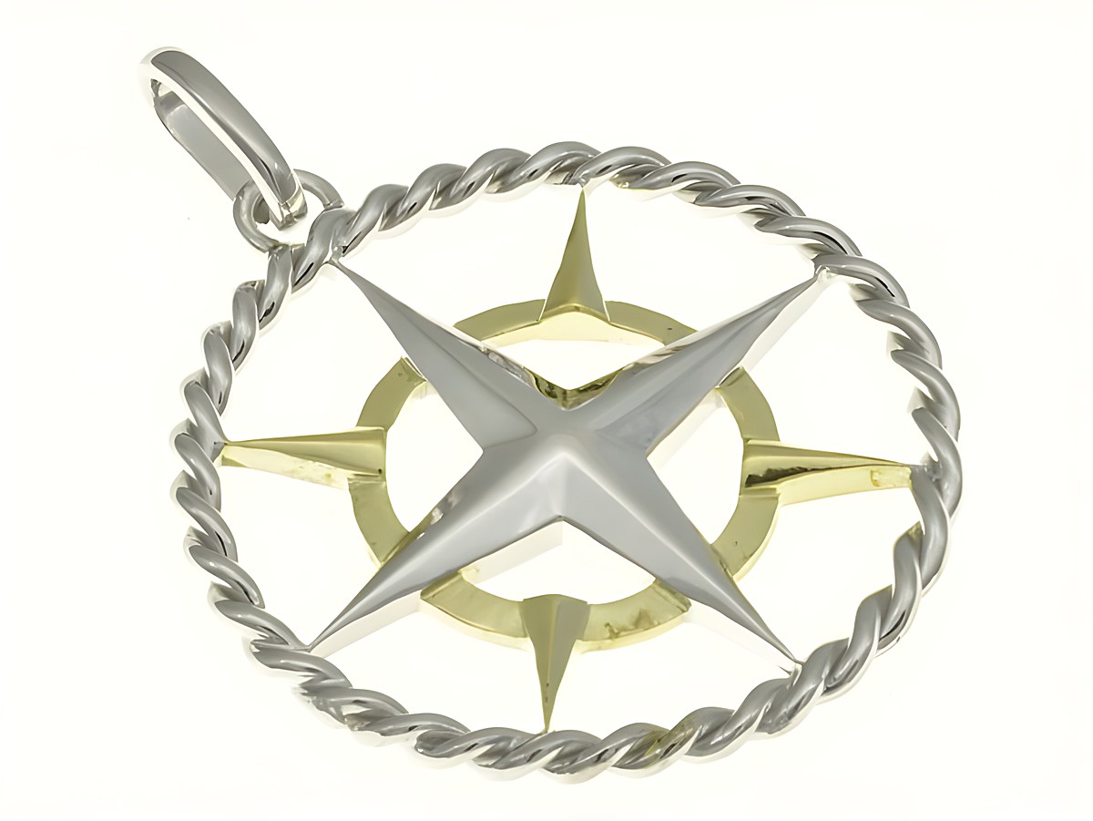 Seefahrt Kompass Anhänger aus rhodiniertem Sterling Silber mit gelbgold vergoldetem Design, gefertigt von Juwelier Harnisch, ideal für maritime Liebhaber.