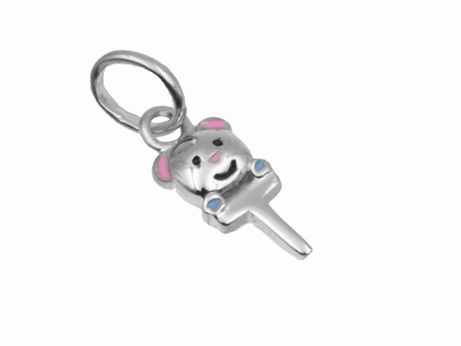 Teddy Anhänger aus 925 Sterling Silber, poliert und rhodiniert, mit bunten Details, geeignet für Kinder, hergestellt von Juwelier Harnisch.