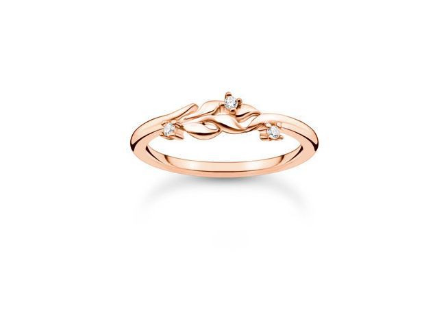 Thomas Sabo Charming Ring TR2376-416-14-54 aus Sterling Silber vergoldet in Roségold mit weißen Zirkonia, filigranes Design mit Blattform, Größe 54.