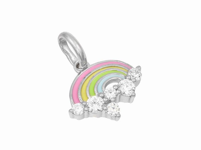 Sterling Silber polierter rhodinierter Anhänger in Regenbogenform mit bunten Lackelementen in Weiß, Blau, Grün, Gelb, Rosa und funkelnden Zirkonia. Hersteller Juwelier Harnisch.
