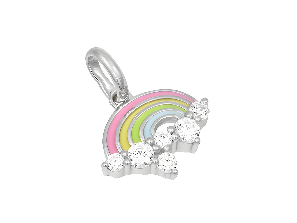 Sterling Silber polierter rhodinierter Anhänger in Regenbogenform mit bunten Lackelementen in Weiß, Blau, Grün, Gelb, Rosa und funkelnden Zirkonia. Hersteller Juwelier Harnisch.