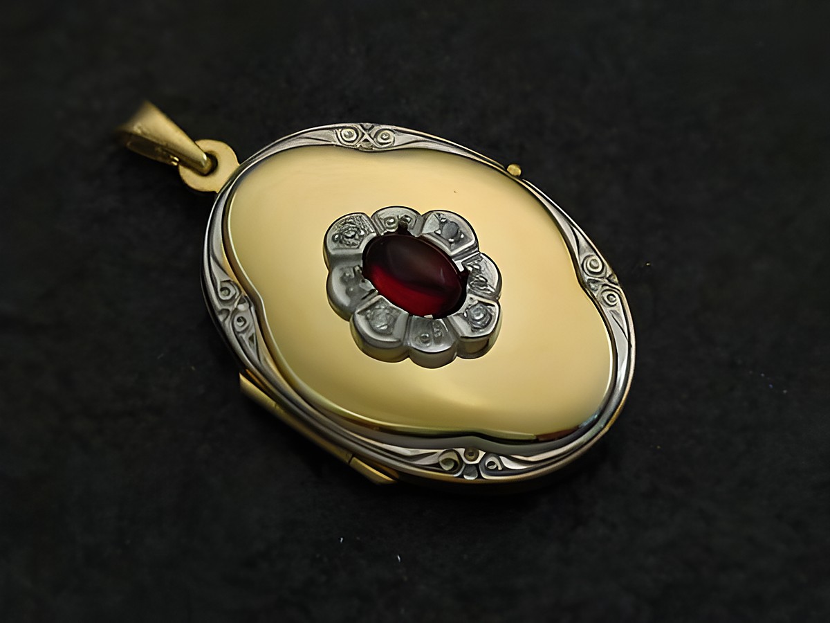 Granat rot-braun Medaillon Cabochon Gold 333 bicolor mit Brillanten von Juwelier Harnisch in Gelbgold 333, elegant und zeitlos gefertigt, ideal für besondere Anlässe.