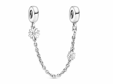 Silbernes Sicherheitskettchen von Pandora mit zwei Blumenelementen und Zirkonia, Länge 50 mm, Modell 798764C01-05, ideal zum Sichern von Charms.