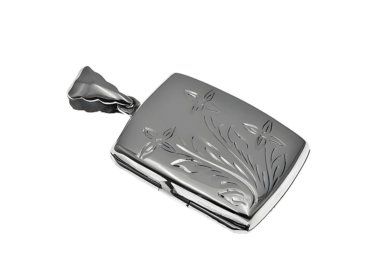 Medaillon aus Sterling Silber mit floralem Muster, eckige Form, Hersteller Juwelier Harnisch, filigrane Gravur von Blümchen, eleganter Anhänger.