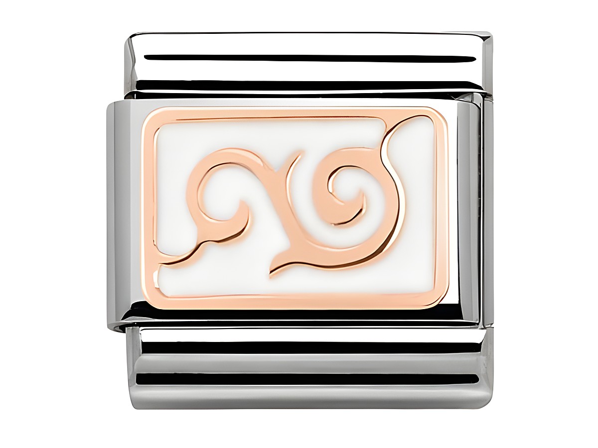 Classic Roségold Weiß Locken Emaille von Nomination präsentiert ein elegantes Design mit geschwungenen Linien auf hellem Emaille-Hintergrund, eingefasst in edlem Edelstahl.
