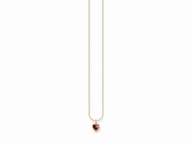 Silberne Kette von Thomas Sabo mit vergoldetem Herzanhänger aus Zirkonia in Rot, verstellbar von 38 bis 45 cm, elegant und romantisch, perfekt für besondere Anlässe.