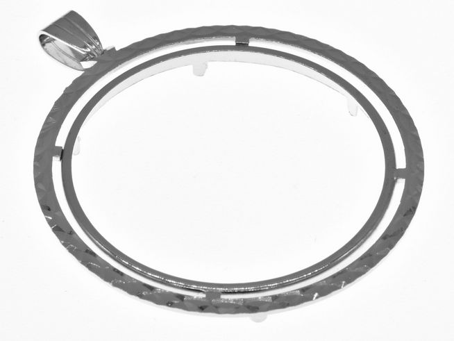 345536-0 Münzfassung Anhänger aus 925 Sterling Silber, rhodiniert, diamantiert, geeignet für Münzen bis 40 mm Durchmesser, hergestellt von Juwelier Harnisch, elegante Ausführung.
