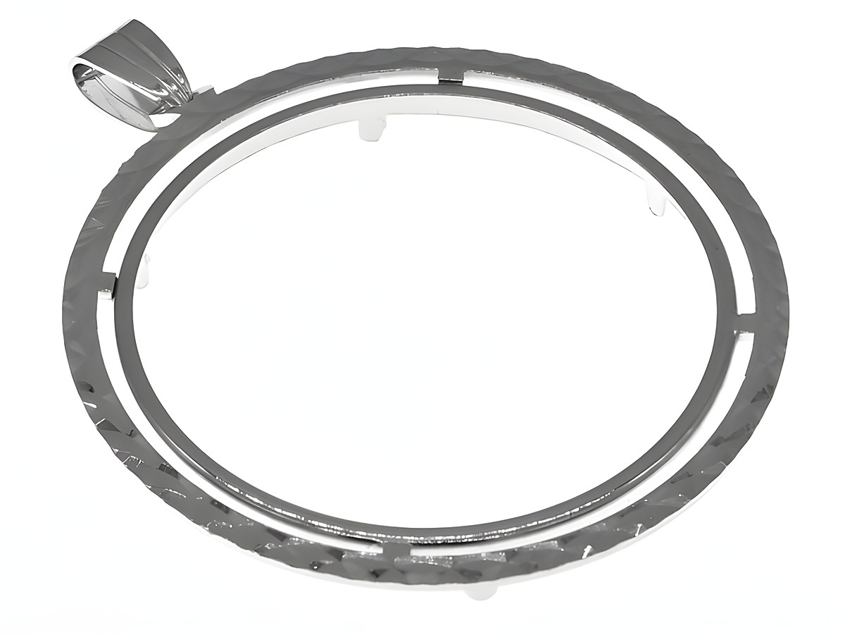 Münzfassung Anhänger aus 925 Sterling Silber, rhodiniert, diamantiert, geeignet für Münzen bis 40 mm Durchmesser, hergestellt von Juwelier Harnisch, elegante Ausführung.