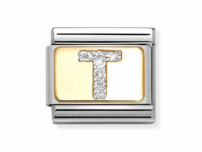 Emaille Charm mit dem Buchstaben T, eingefasst in silbernem Edelstahl und gelbgoldener Fläche, verziert mit Glitzersteinen, elegantes Design von Nomination.