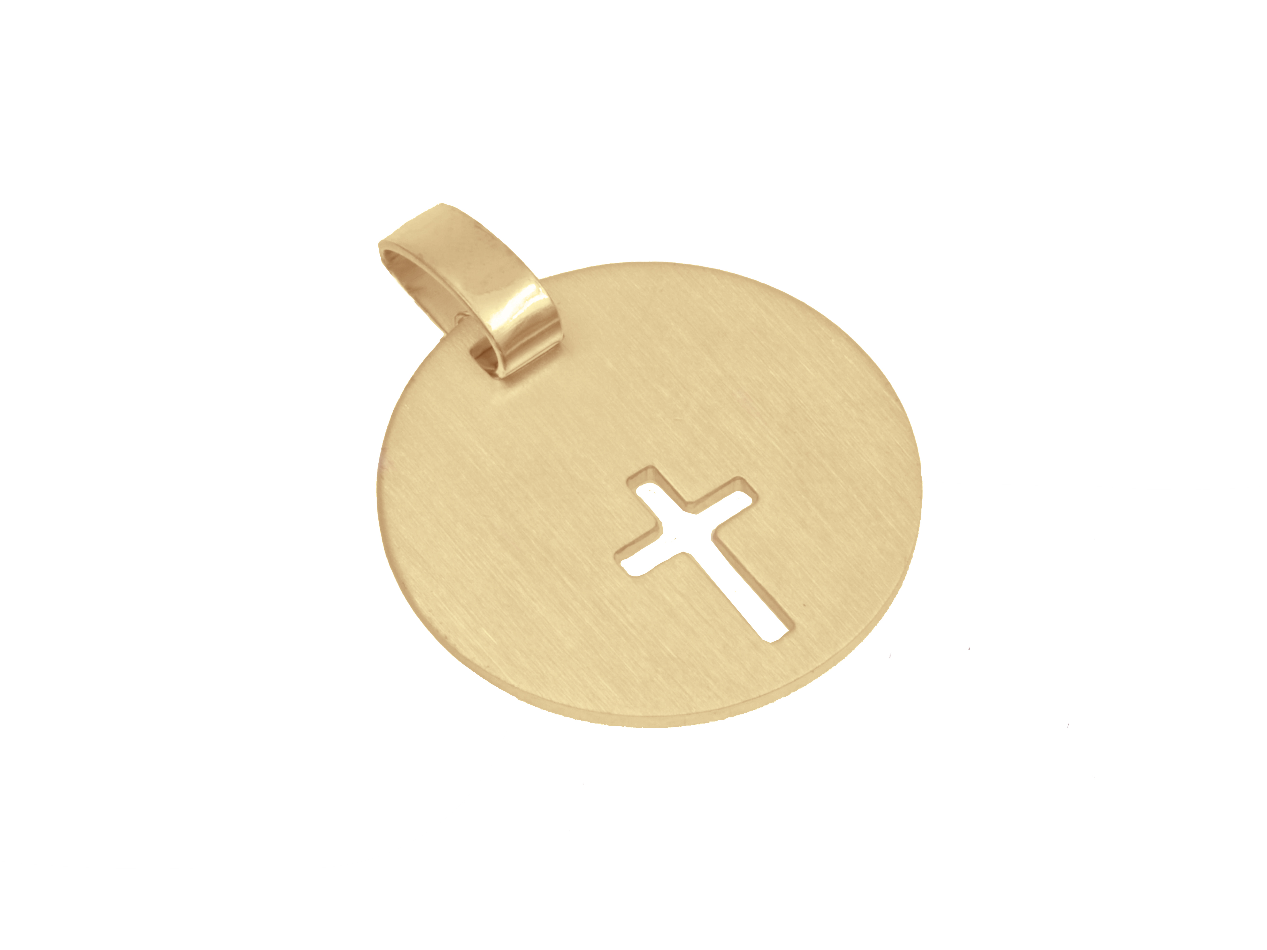 Ein runder Anhänger aus Sterlingsilber mit einer Roségold-Vergoldung und einem eingearbeiteten Kreuzschnitt. Durchmesser 16 mm, Hersteller Juwelier Harnisch, Neuheiten Silber.