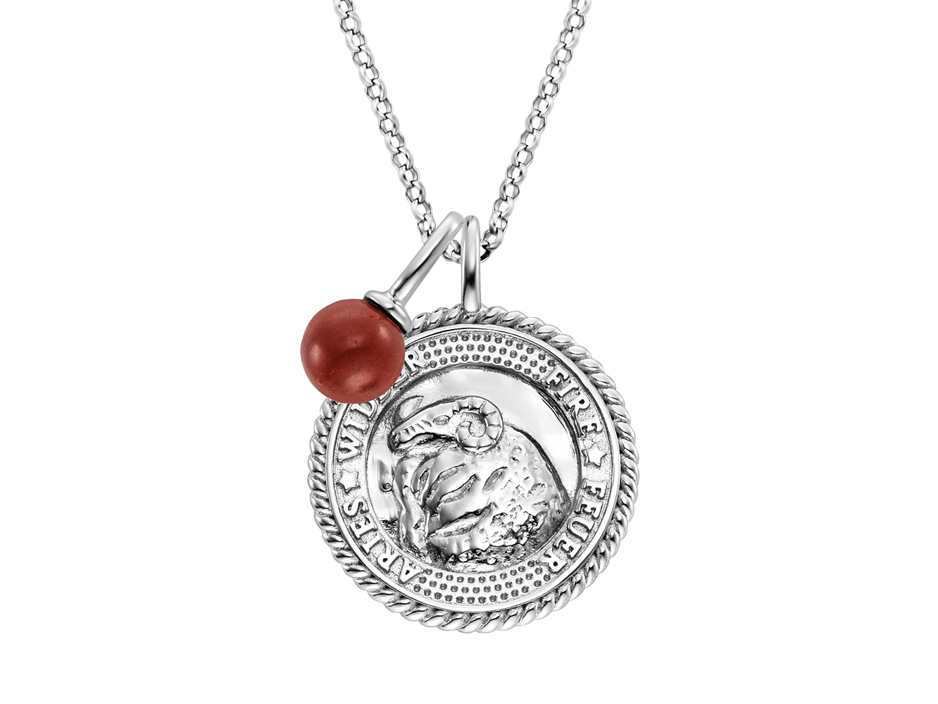 Eine elegante Silberkette mit einem Anhänger in Form eines runden Medaillons, auf dem das Symbol des Sternzeichens Widder sowie ein roter Kraftstein sichtbar sind.