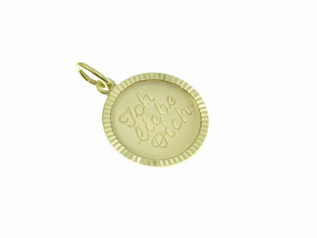 Gold Anhänger in rundem Design mit diamantiertem Rand, graviert mit der Aufschrift Ich liebe Dich, hergestellt von Juwelier Harnisch, Gold 333.