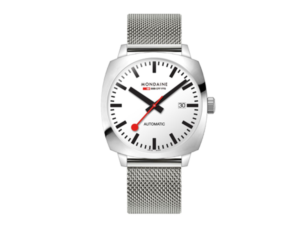 Mondaine Uhr MSL.3961B.SM mit kissenförmigem Edelstahlgehäuse und 39 mm Durchmesser, automatisches Uhrwerk, weißes Zifferblatt, schwarze Indizes und roter Sekundenzeiger, Edelstahl-Meshband.